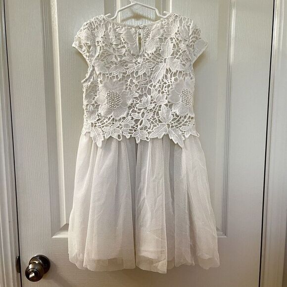 H&M Cream Floral Lace and Tulle Dress Gold Glitter Holiday Girls Size 8-9 - Picture 9 of 13